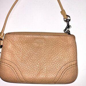 Coach Beige Pebbled Leather Wristlet – Classic Small Zip Pouch